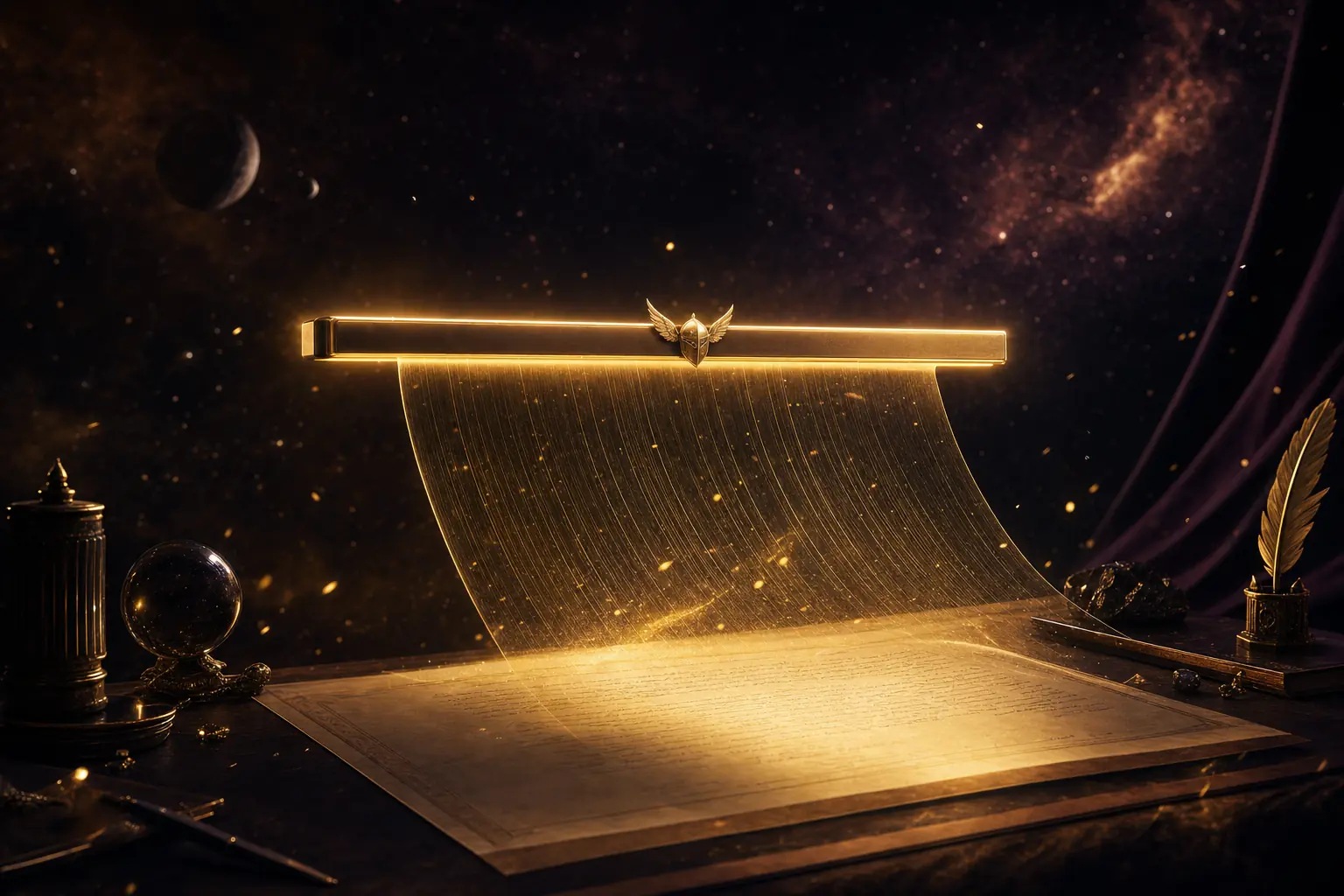 A slim luminous golden bar hovering over a glowing dark document, a sheet of golden glass unrolling beneath it, ember particles in midnight-aubergine space