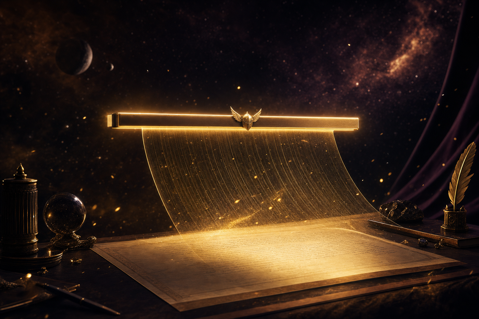 A slim luminous golden bar hovering over a glowing document in midnight-aubergine space