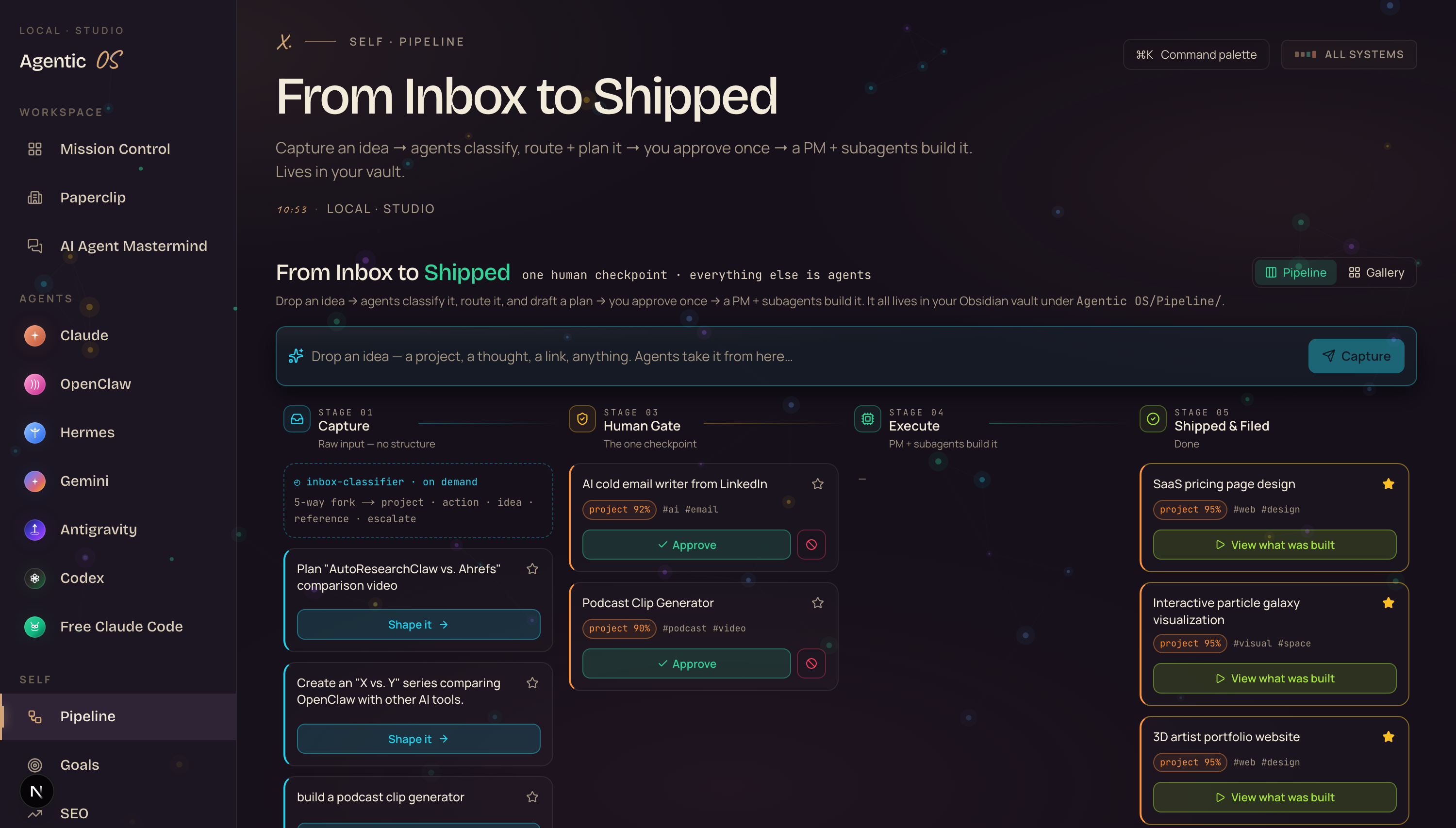 The Idea Factory pipeline — From Inbox to Shipped