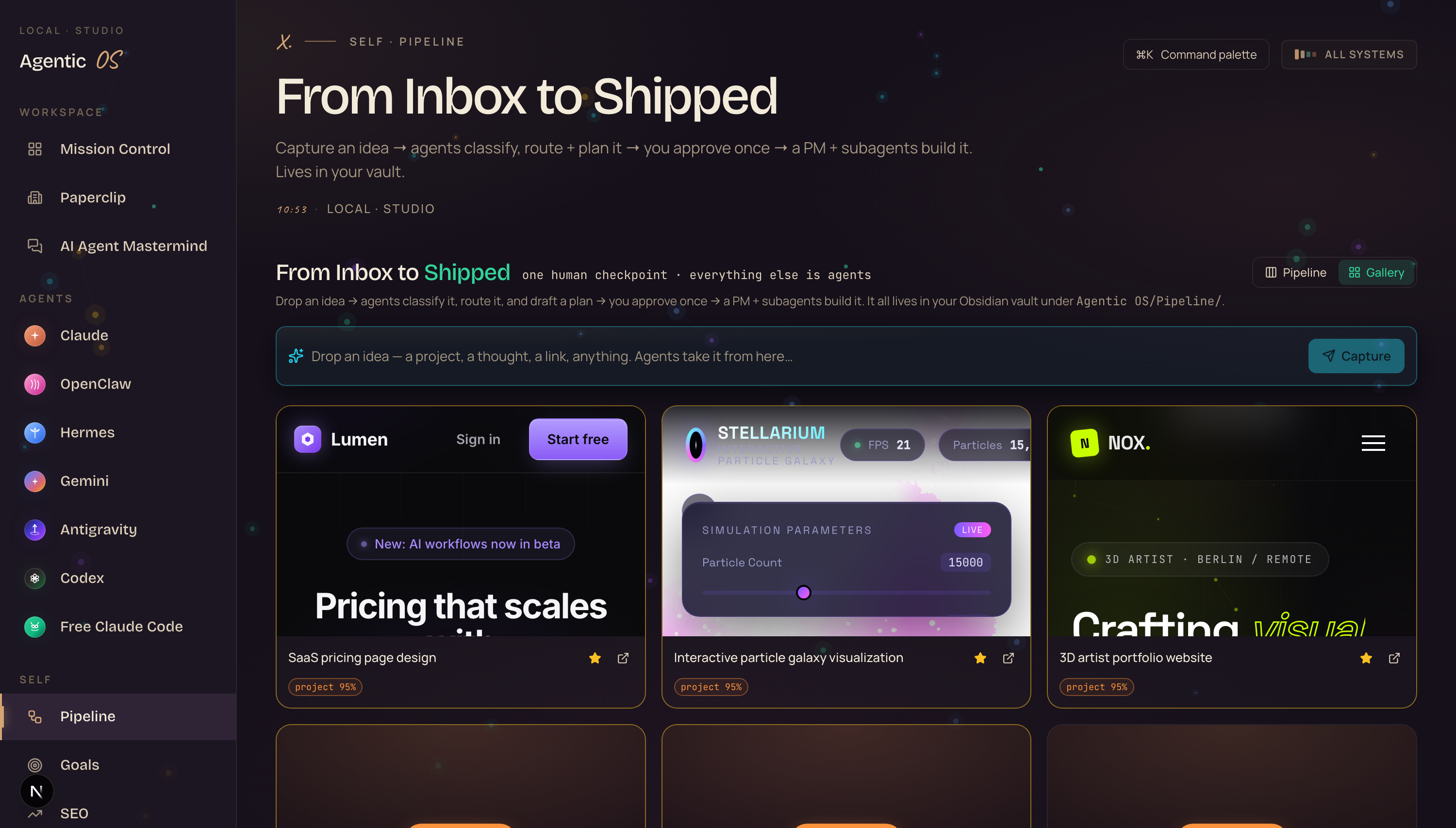 The Gallery — recent builds previewed live in a grid