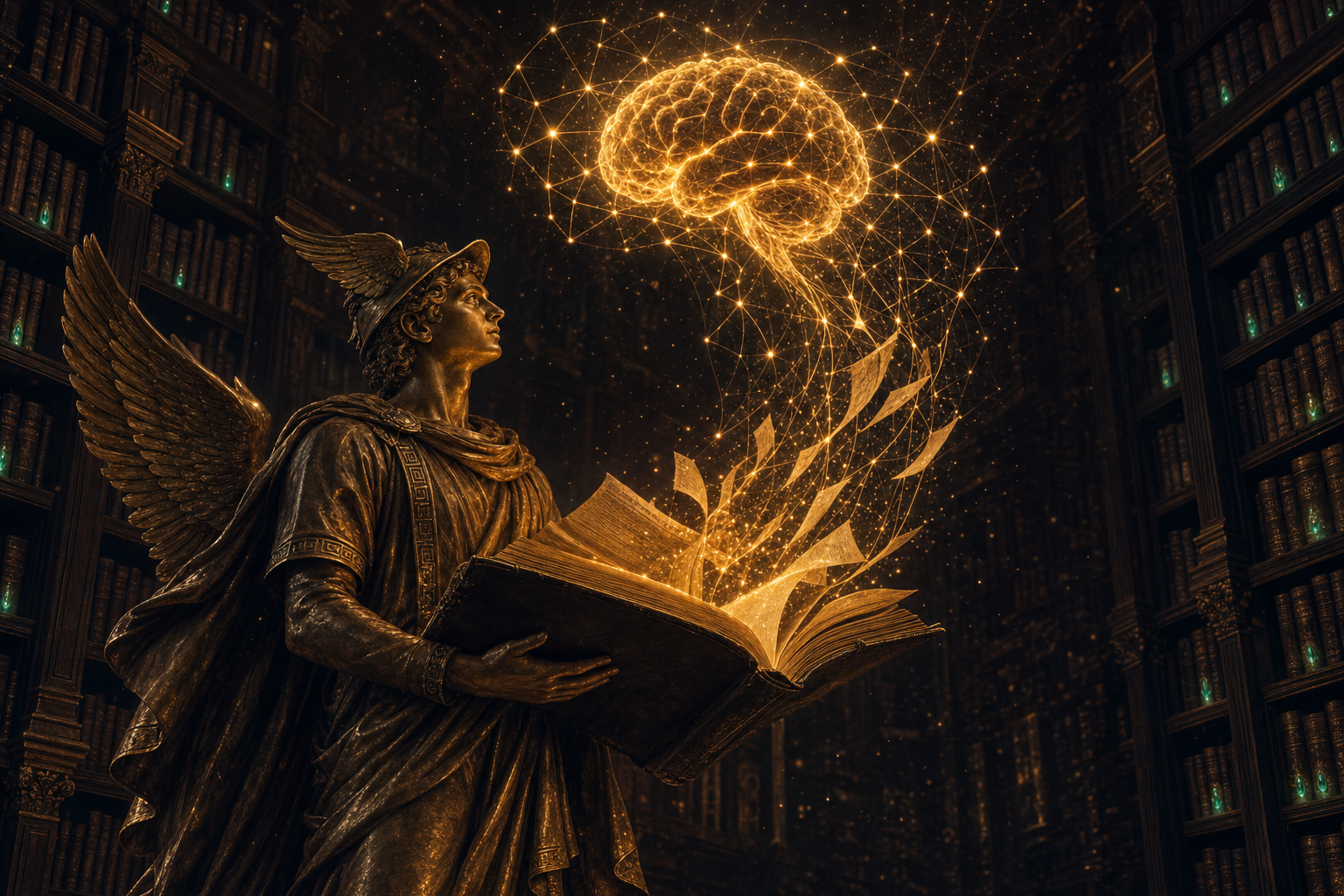 A winged bronze messenger in a full flowing chiton, fully clothed, holding an open book whose pages transform into a glowing golden neural brain, in a vast dark library with emerald bookmarks