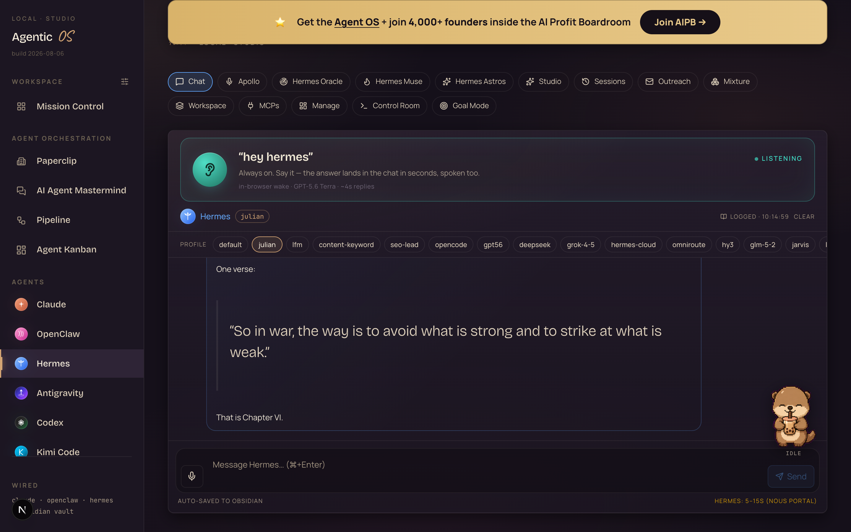 The Agent OS chat answering a strategy question by pulling from the learned Art of War skill