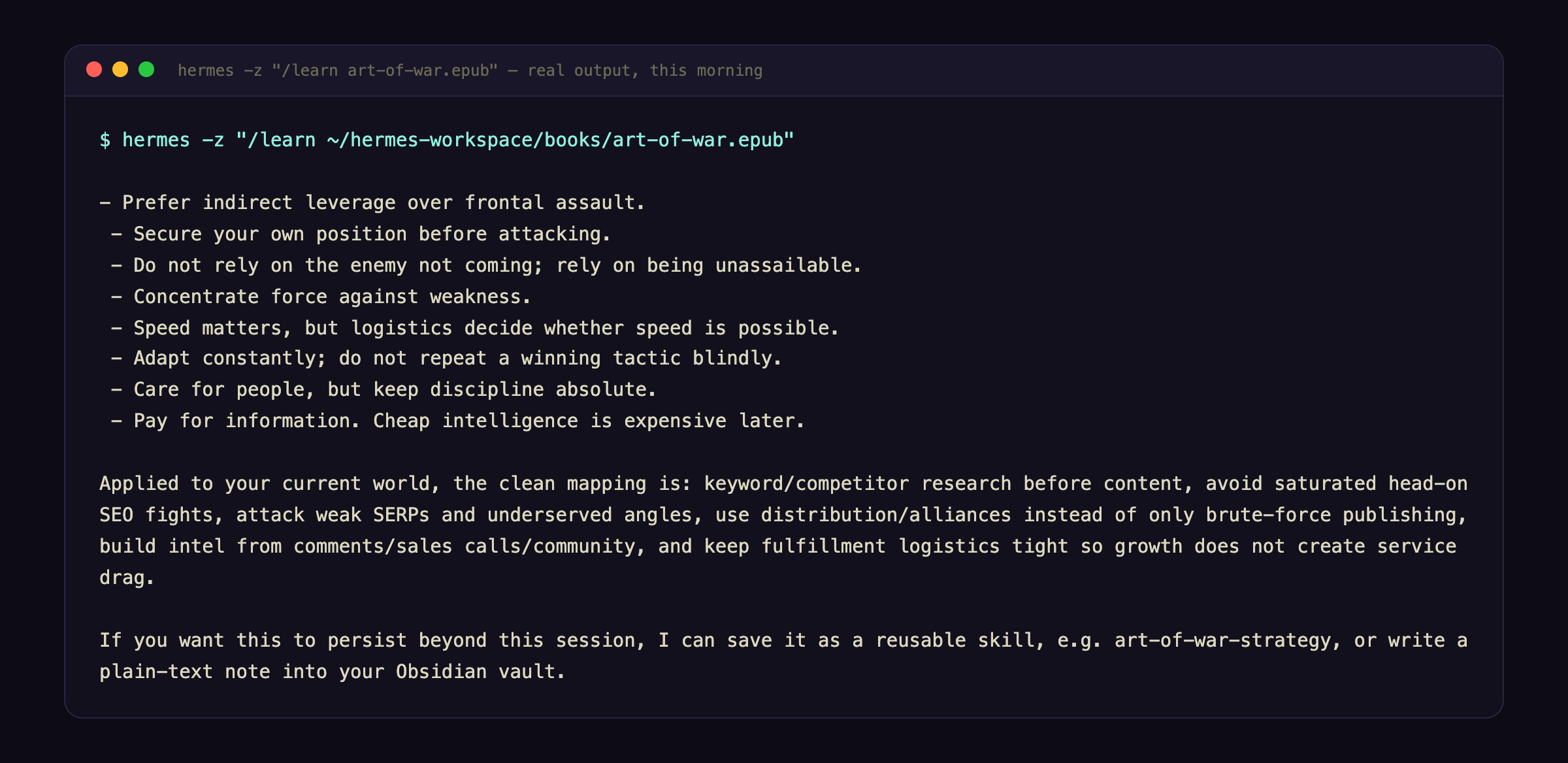 Hermes reading The Art of War and distilling its principles, mapped to SEO and agency strategy, in the terminal