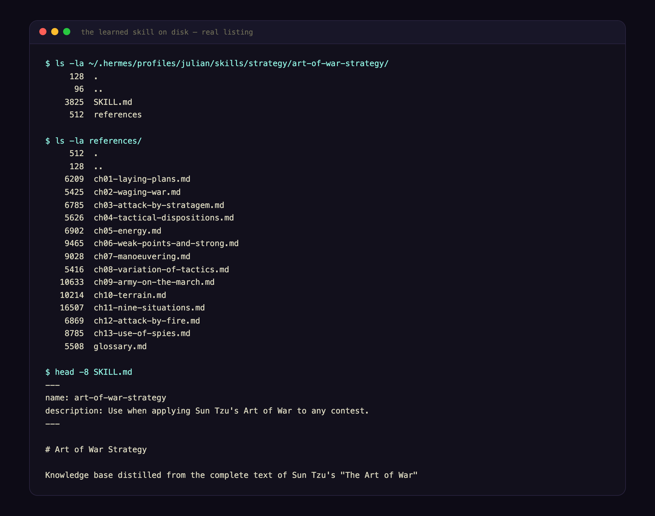 The generated skill on disk: SKILL.md index plus per-chapter reference files, a glossary and quick-reference rules