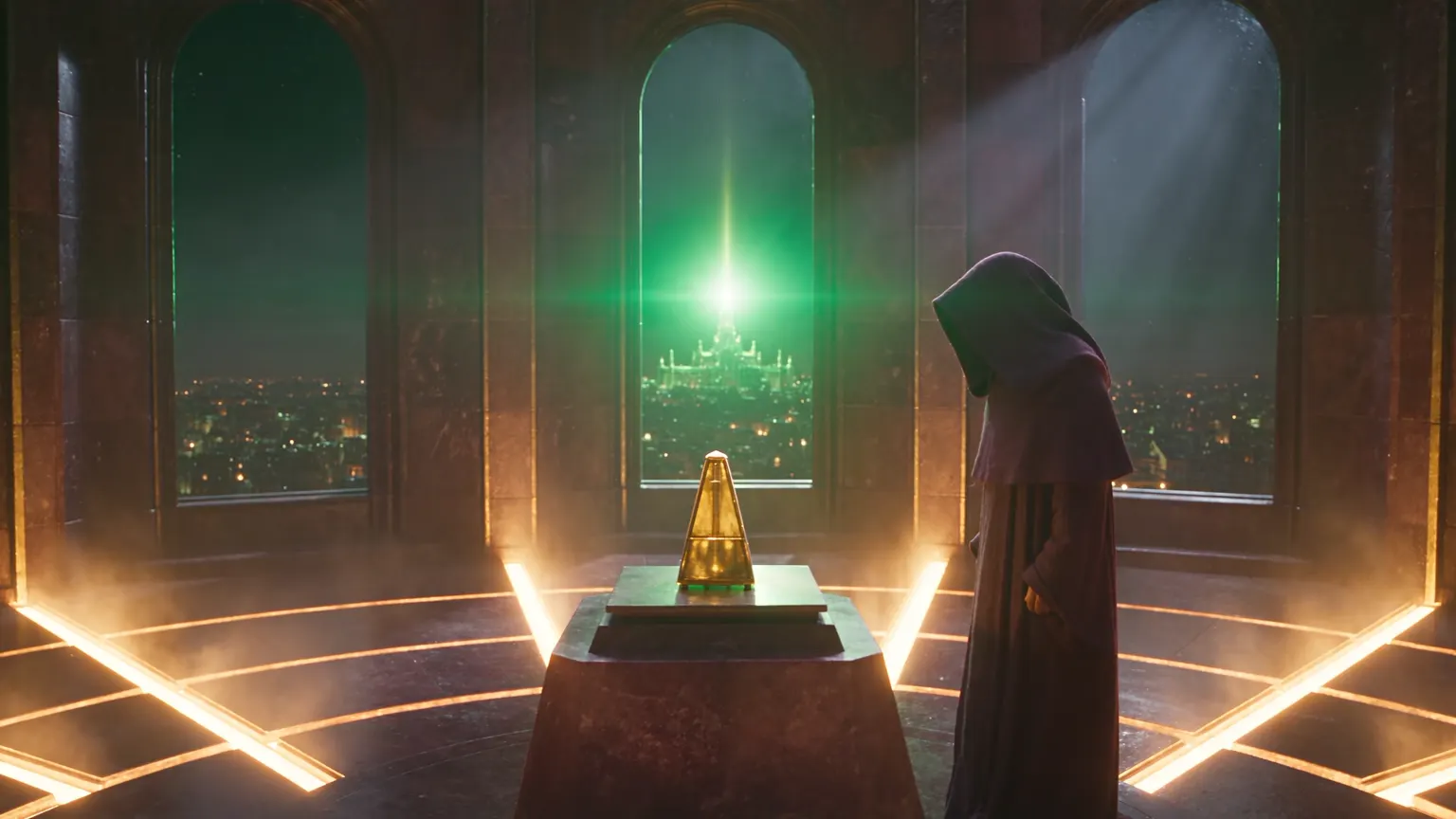 A robed engineer, fully clothed in a long flowing hooded robe, sets a glowing golden metronome on a stone console in a dark observatory as a distant tower flares emerald