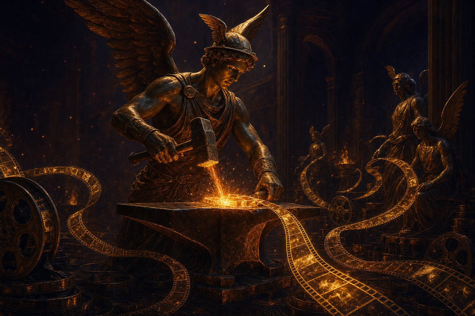 Hermes the winged messenger standing at a glowing anvil, hammering a stream of light into a finished cinematic video — the Hermes Video Forge making a video for free