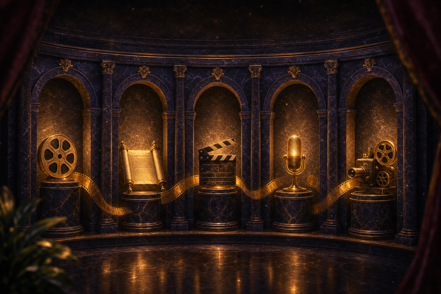 A glowing forge with five stations — idea, script, build, render, finished video — each station lit by Hermes' wings as a video is forged from raw light