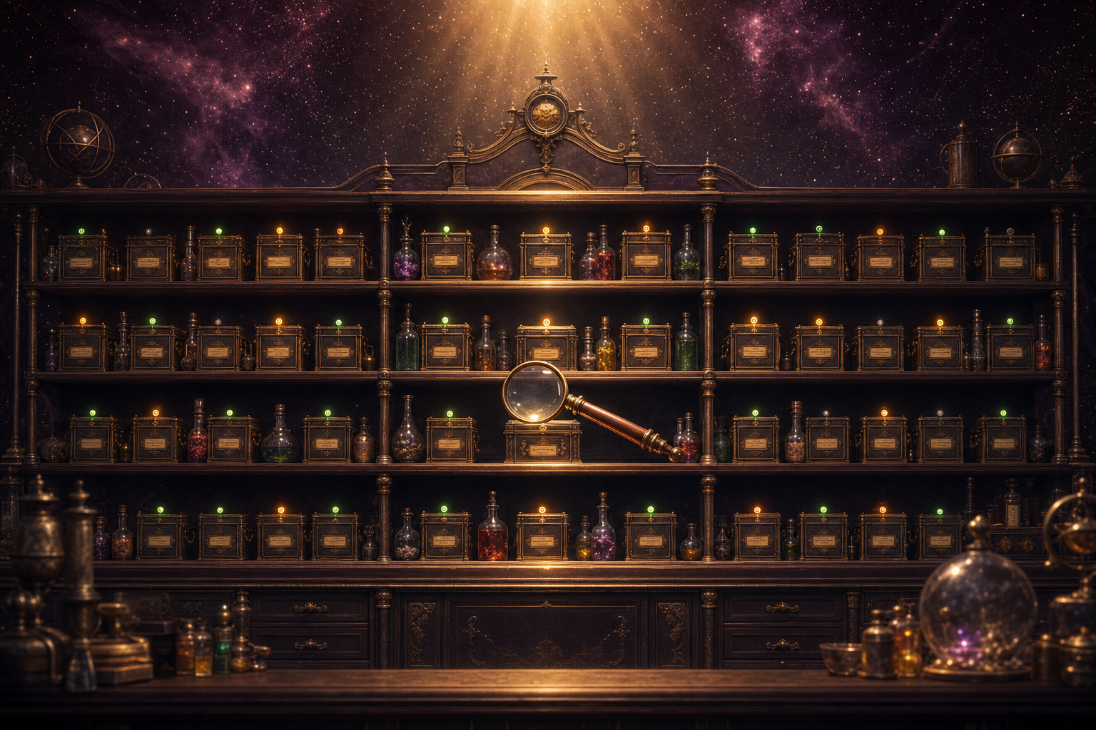 A grand brass apothecary cabinet — multiple shelves of small labelled brass MCP boxes, each glowing a different hue (green=enabled, amber=available, dim=disabled), magnifying glass mid-inspection — the catalog as curated cabinet