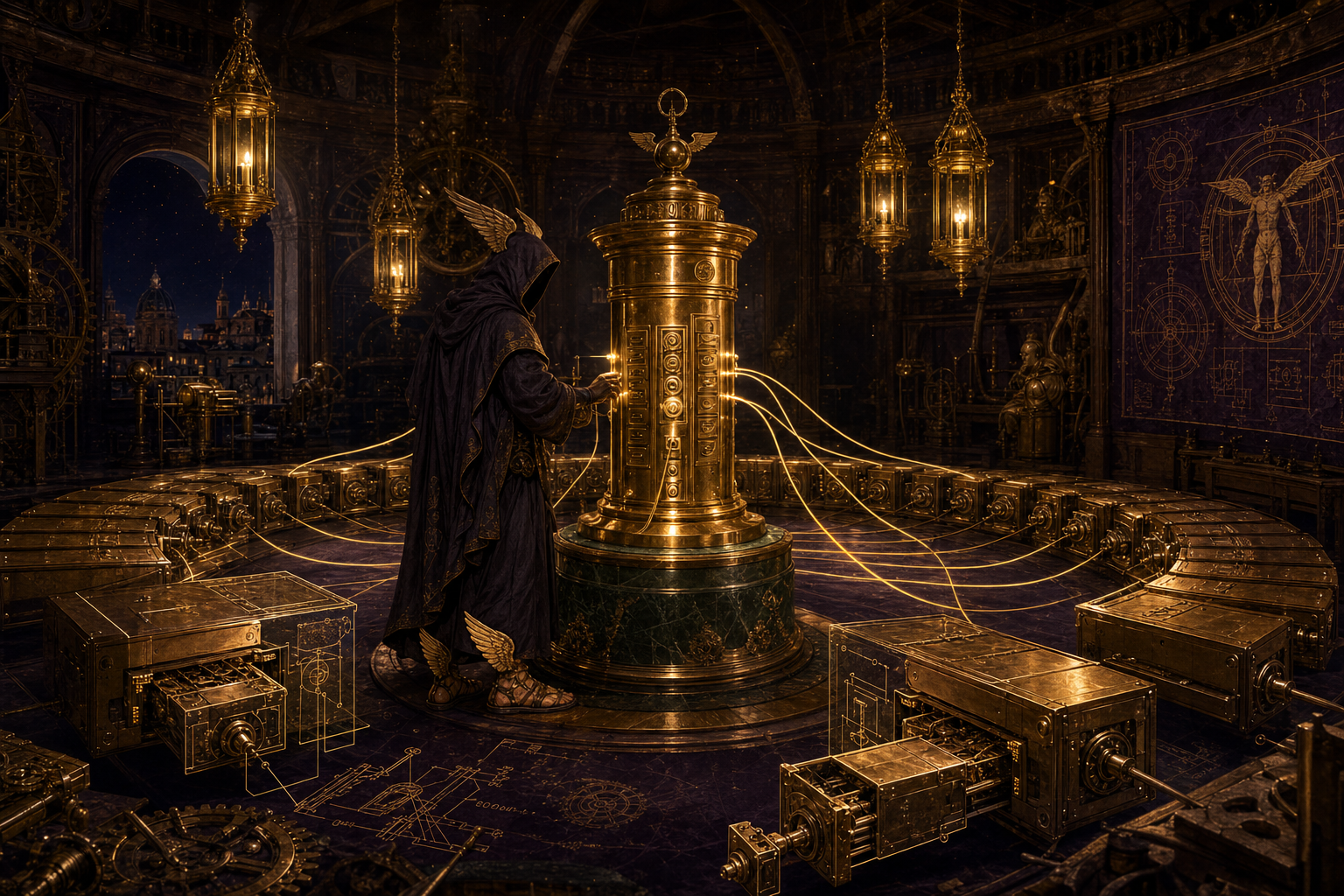 A celestial brass machinery hall — a central glowing terminal-pedestal with a horseshoe of numbered MCP boxes plugged in by golden cables, exploded-view schematic style — the MCP Hub as editorial illustration