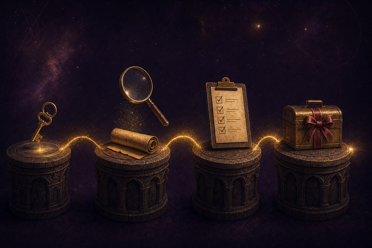 Four carved stone workstations in a row, each with a different golden artefact above — brass key (clone/auth), magnifying glass over scroll (probe), checklist (checklist), finished brass tool-box (install) — the install pipeline