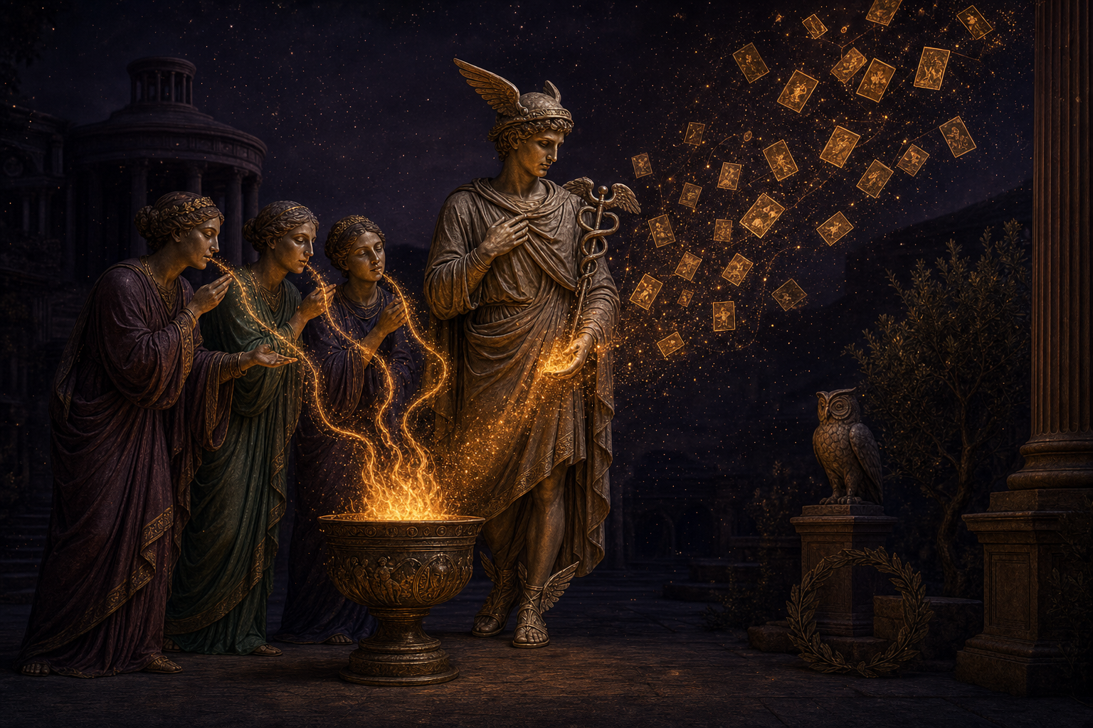 Three Muses, fully clothed in long flowing classical robes, whisper streams of golden light into a bronze brazier while Hermes, fully clothed in a draped chiton and cloak, receives glowing idea cards rising as sparks