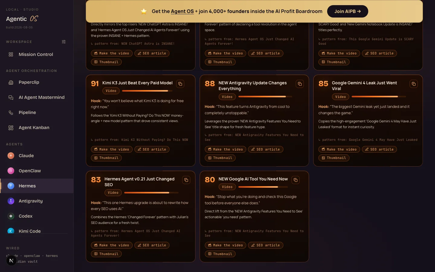 Hermes Muse idea cards with shimmer borders: heat scores 91, 88, 85, 83 and 80, each with a title, spoken hook, why-it-works pattern line, and one-click buttons for Make the video, SEO article, and Thumbnail