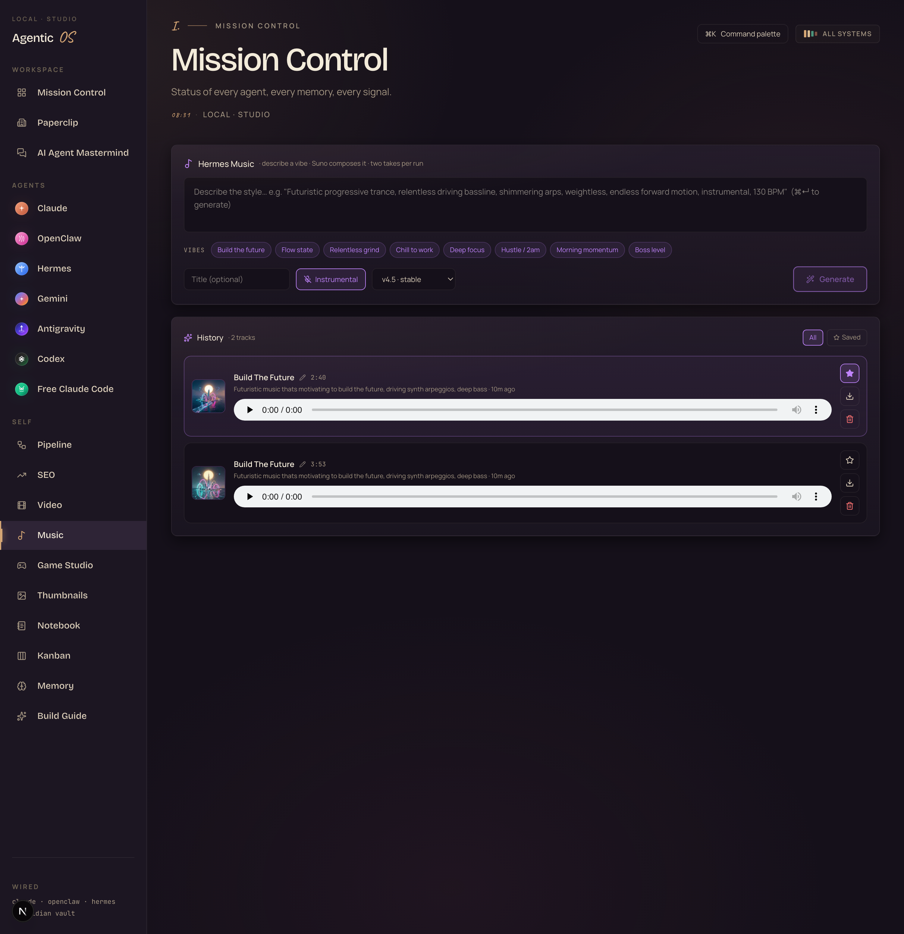 The Hermes Music studio inside the Agent OS — a compose box, vibe chips, and a history of finished tracks with cover art and players