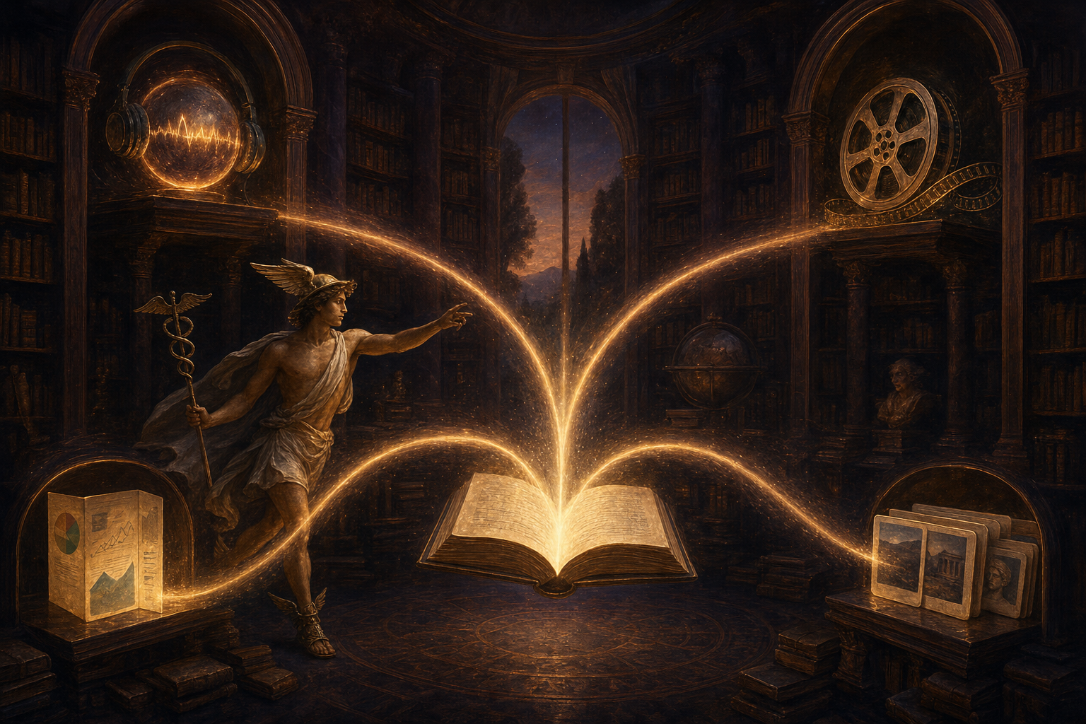 A winged Hermes figure handing a stack of glowing documents into a giant open book that beams out audio waves, a video frame, a slide deck, and an infographic — all in golden light