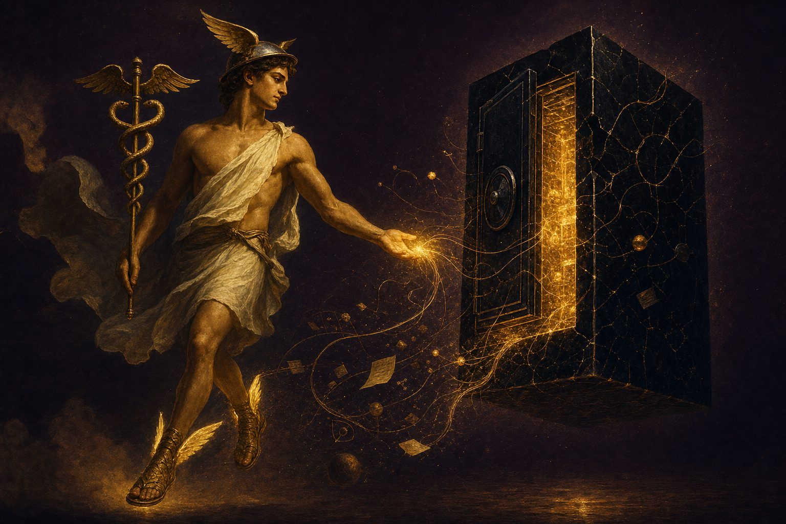 A winged Hermes spirit drawing glowing threads from an open Obsidian vault of notes — the shared brain of the Agent Operating System