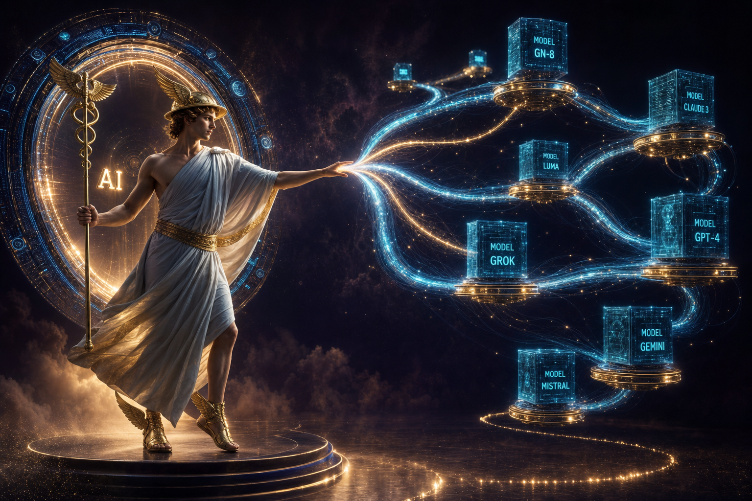A robed Hermes messenger figure standing at a glowing golden gateway with streams of light reaching out to multiple AI model nodes