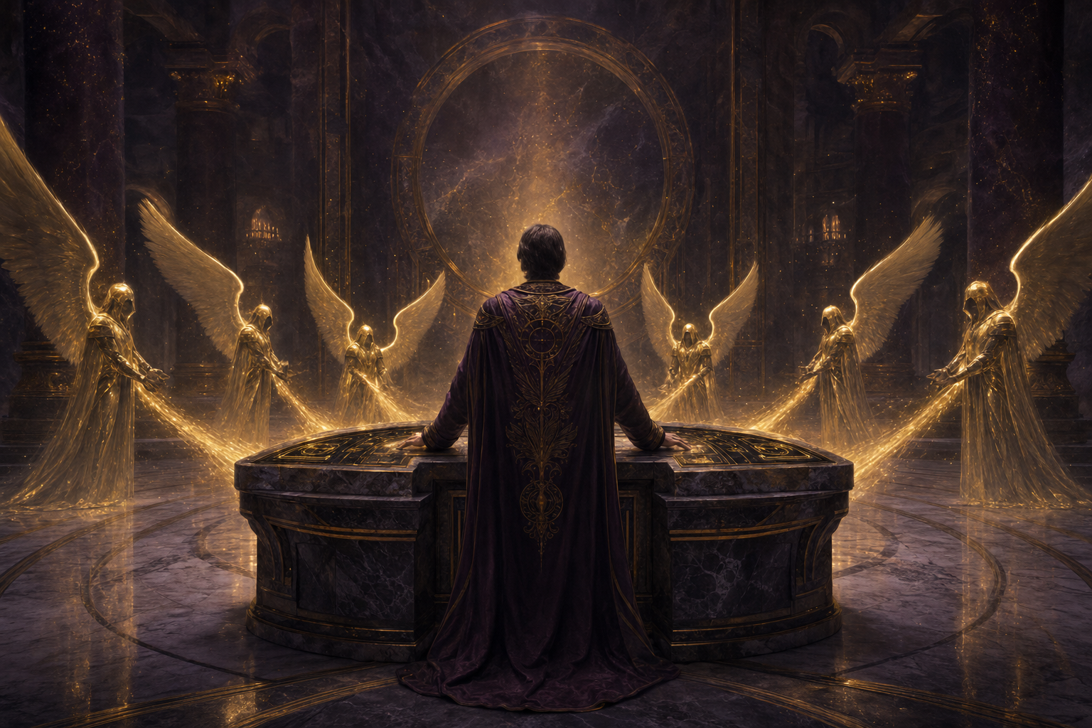 A figure in a glowing operator's chair at the centre of a wide command room — winged Hermes agents fanning out across screens, golden mission lights filling the air — a Hermes Agent Operator at work