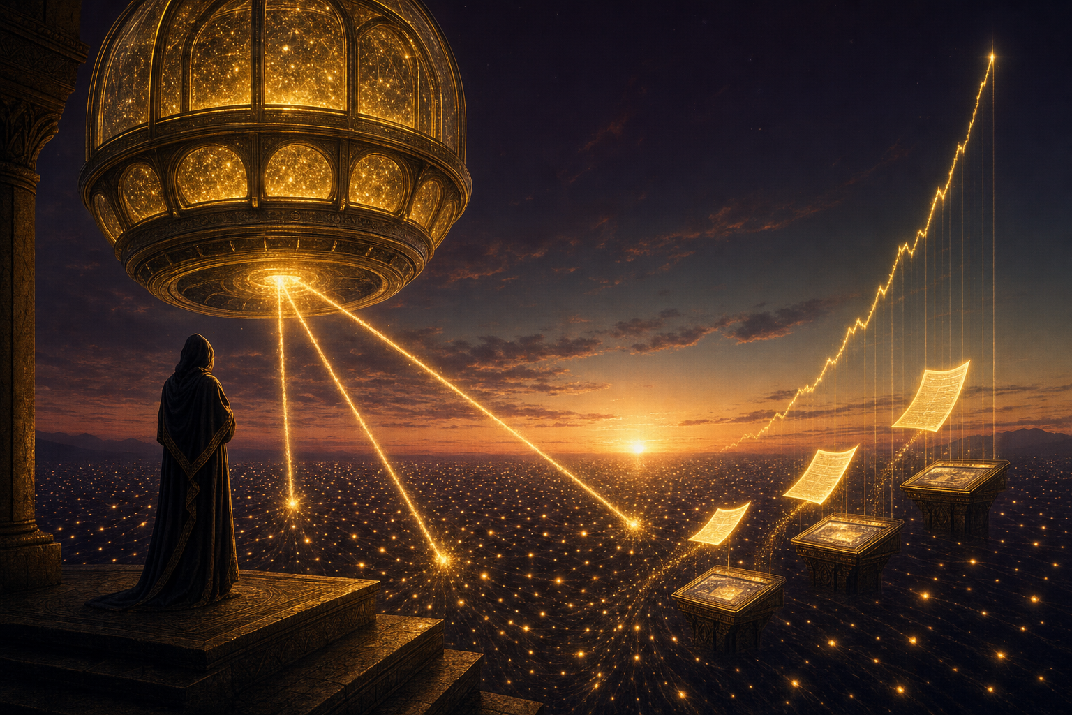 A golden orb observatory over a sea of drifting lights, pulling three signals out and turning them into glowing pages as a chart climbs, watched by a robed figure fully clothed in a long hooded robe.