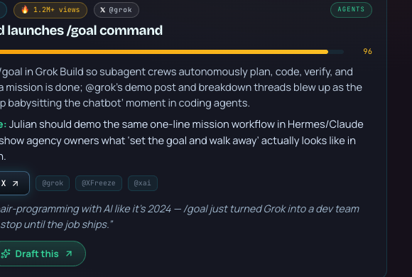 One Hermes Oracle signal card — headline, post count, why it's trending, your angle, the source tweet link, and a ready hook