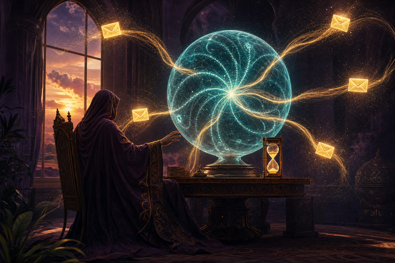 A hooded oracle in a full-length flowing robe, fully clothed, seated before a luminous cyan radar orb as six golden ribbons of light carry glowing envelopes outward, dawn light in an arched window behind