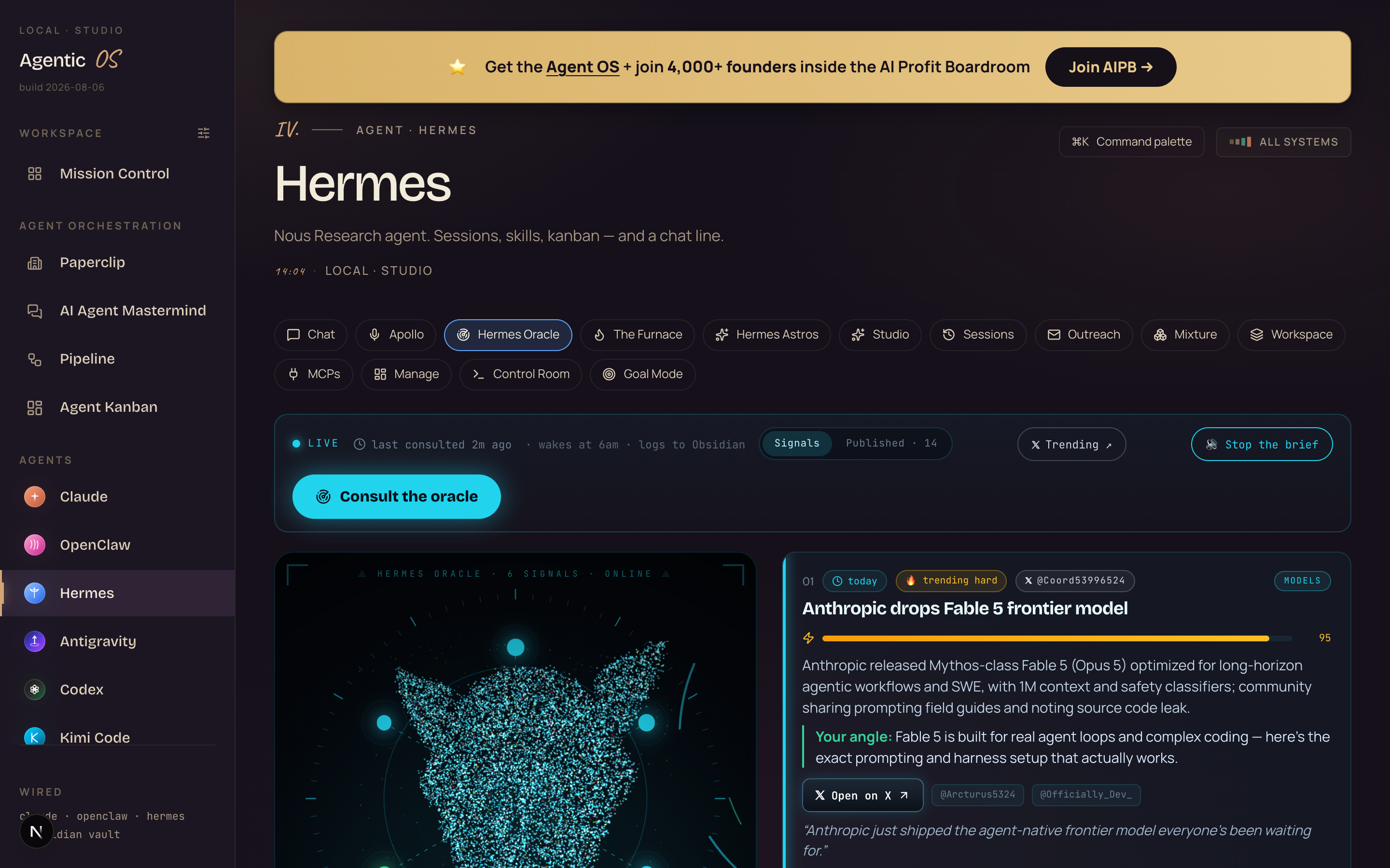 The Hermes Oracle in the Agent OS: radar orb online, six fresh signals, and the Stop the brief button showing the spoken brief playing