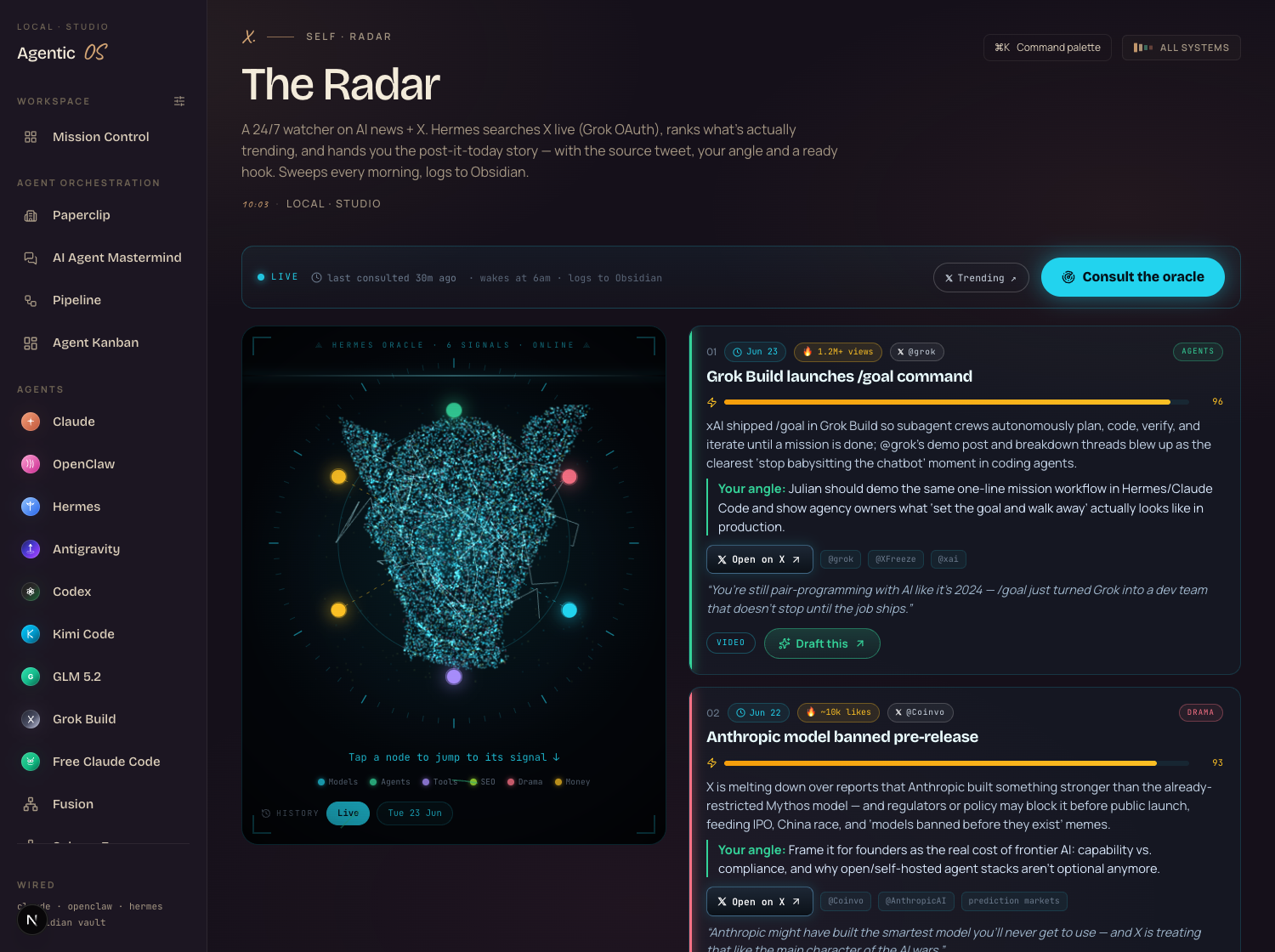 The Hermes Oracle inside the Agent OS — a glowing particle god-face surrounded by ranked trending AI signals