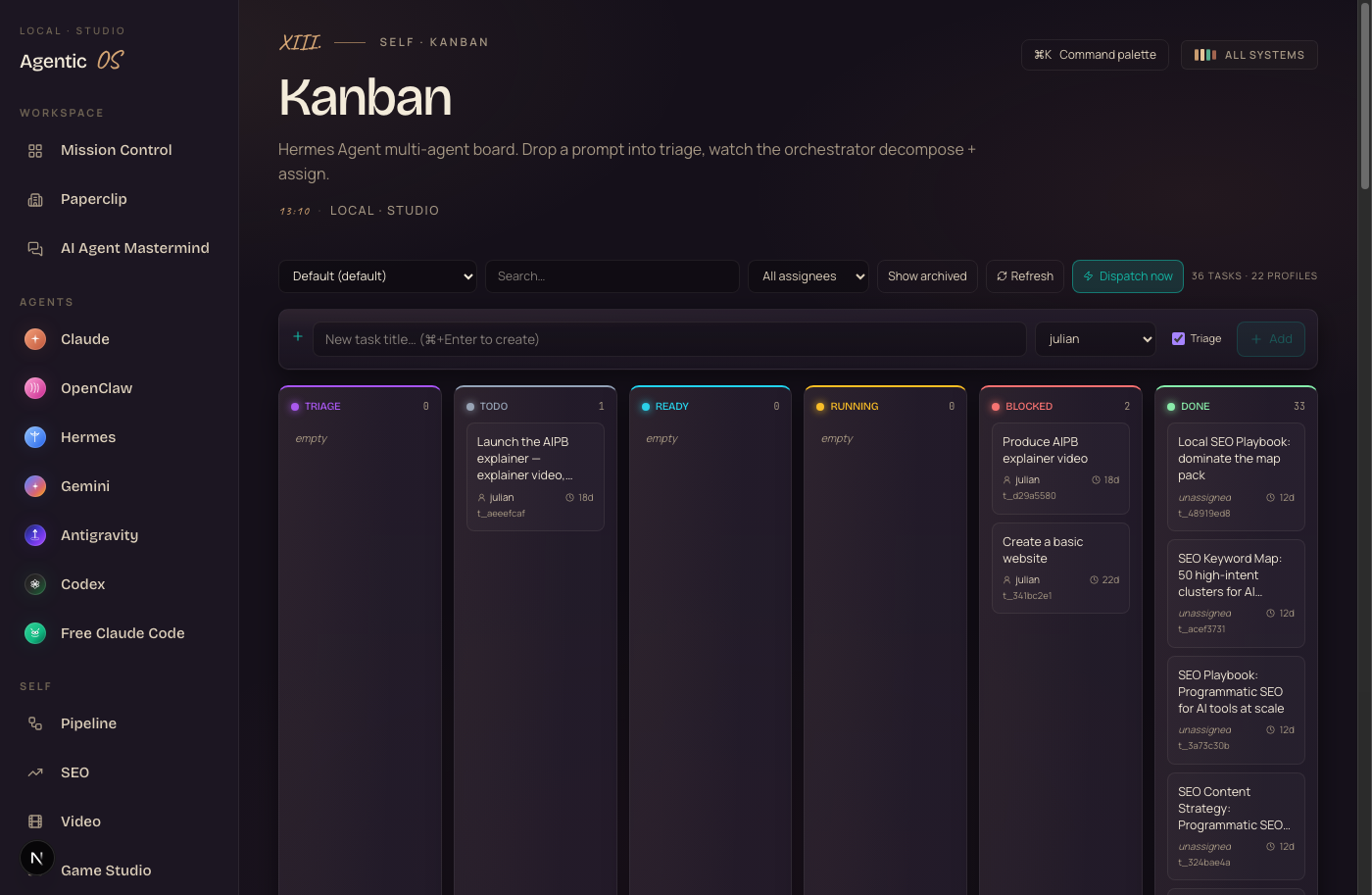 The Kanban board — multi-agent board with triage, in-progress and done columns