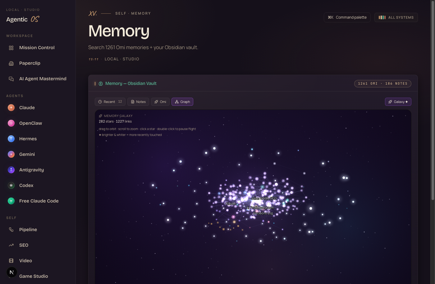 The Memory panel — search across thousands of memories and the Obsidian vault