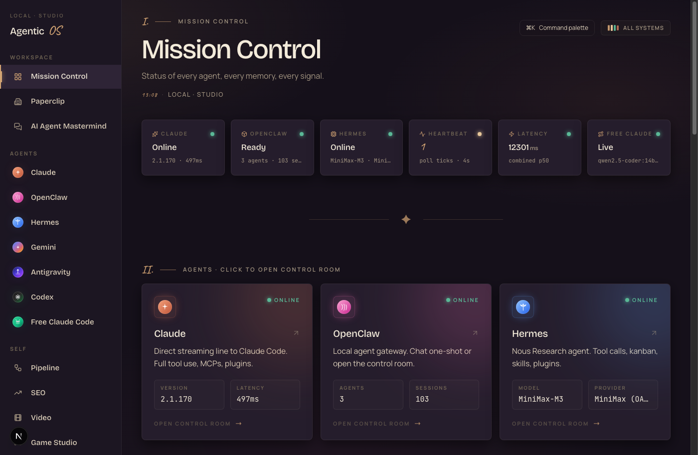Mission Control — status of every agent, every memory, every signal