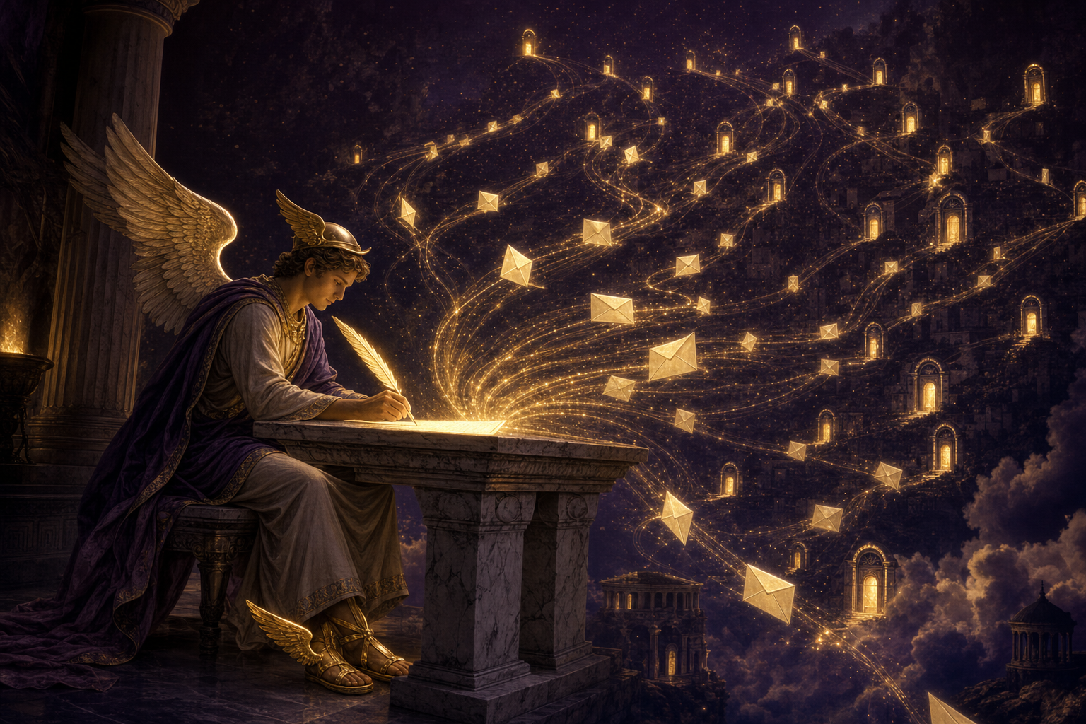 Hermes the winged messenger as a robed scribe, fully clothed in a long flowing chiton and cloak, writing letters of golden light at a marble desk while dozens of glowing personalised envelopes fan out to many distant doorways