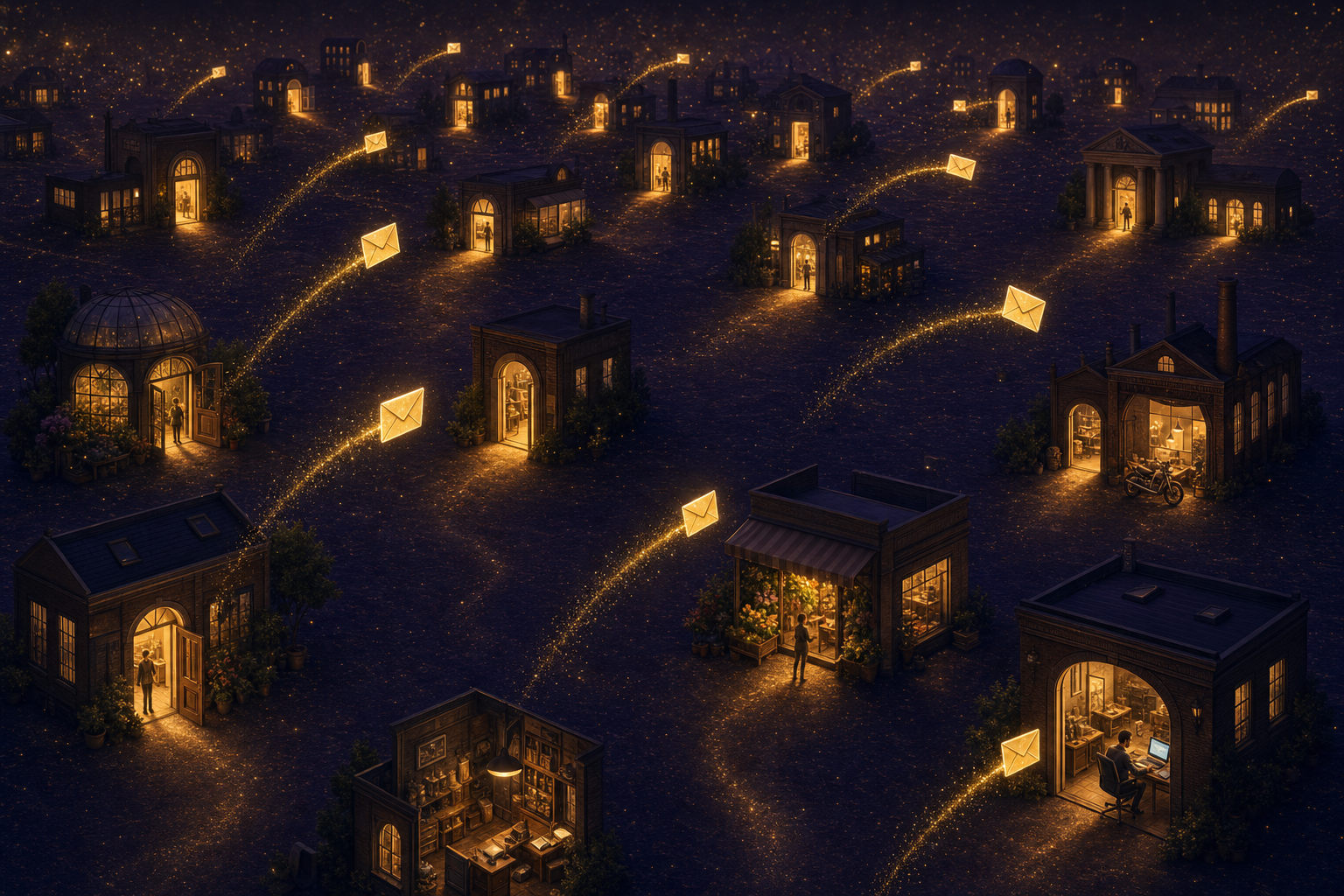 A wide field of small glowing doorways for different kinds of businesses, with a personalised golden letter flying toward each one — outreach reaching many different prospects at once