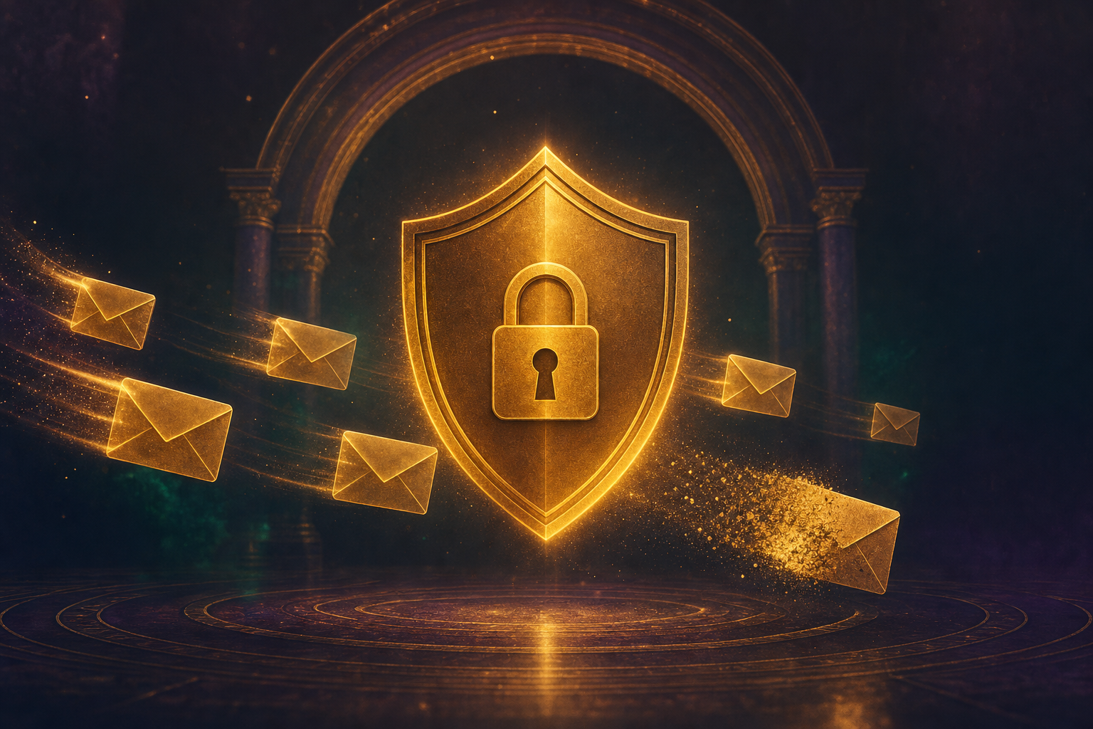 A glowing golden shield with a padlock, envelopes flowing safely past it while one turns away and dissolves — an opt-out — representing protected, compliant sending