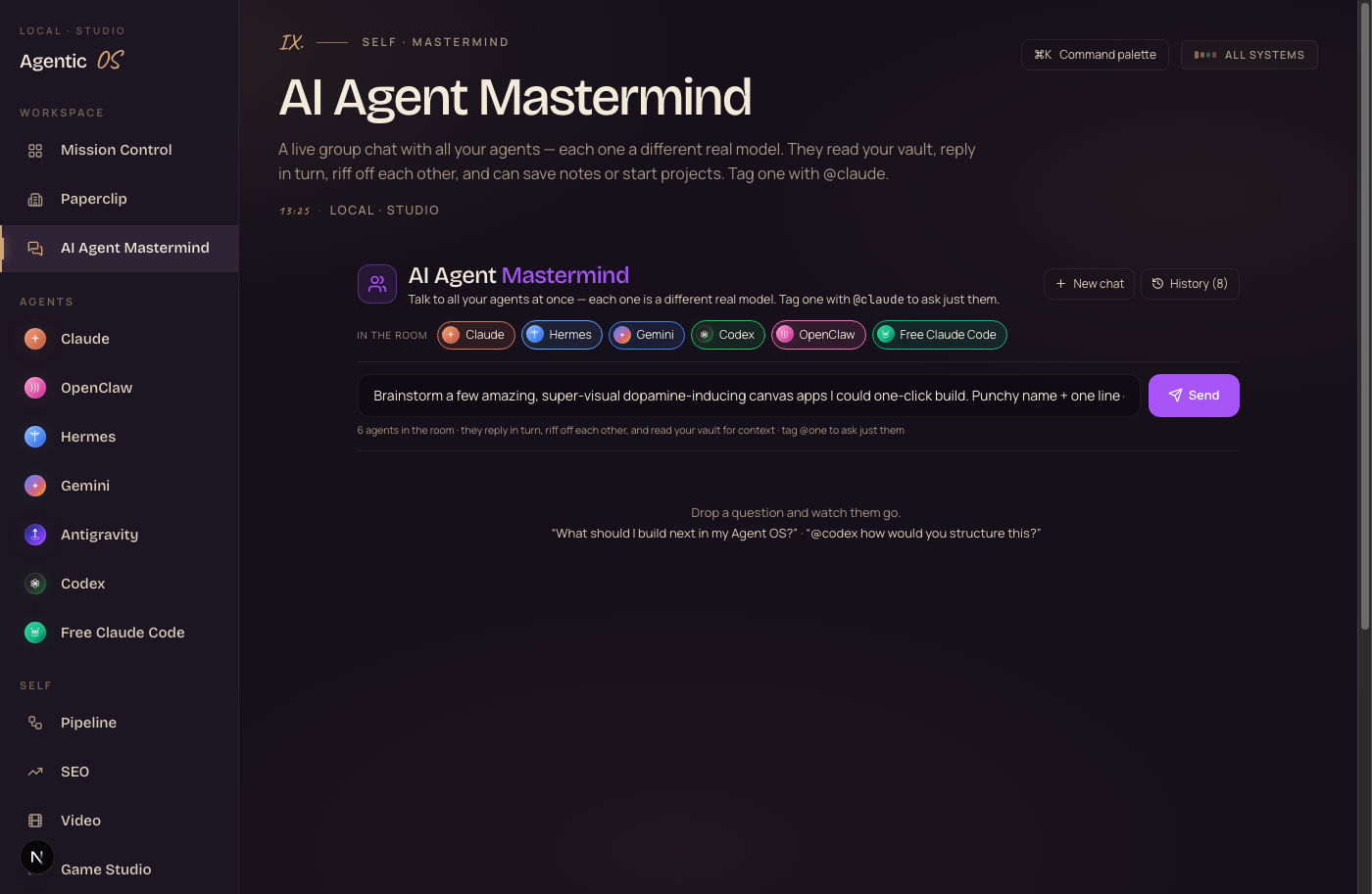 The AI Agent Mastermind group chat where agents brainstorm app ideas together