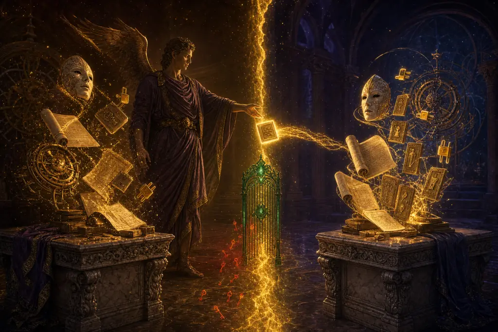 A winged messenger in a long flowing robe, fully clothed, folds a whole AI agent into one glowing golden tablet that passes through an emerald gate and blooms open again on a second workbench