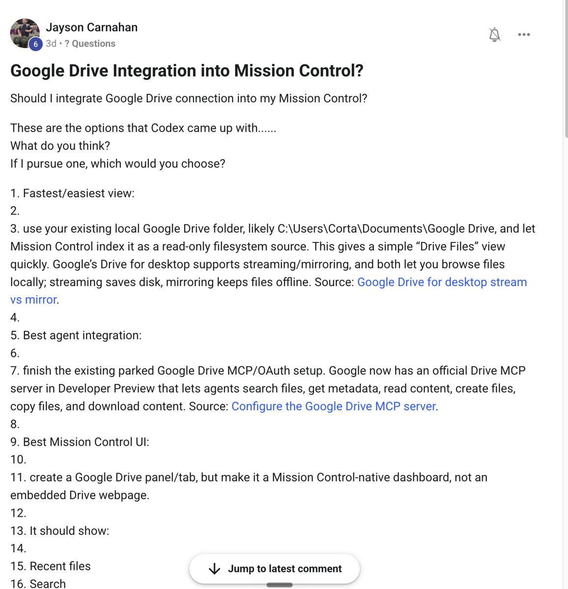 Member post: Google Drive integration into Mission Control