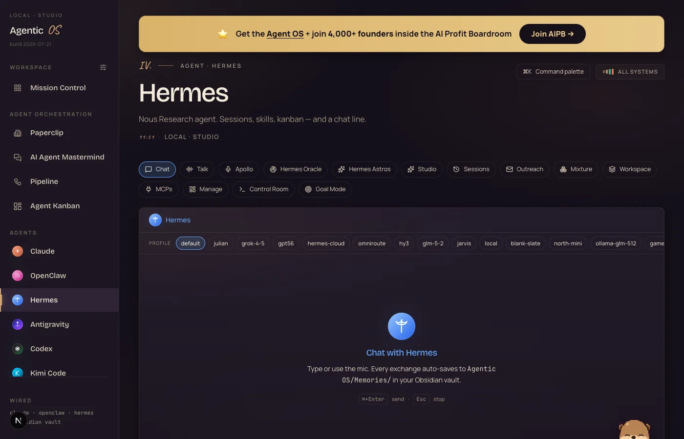 The Hermes hub inside the Agent OS showing a row of thirteen agent profiles and tabs for Chat, Talk, Apollo, Oracle, Sessions and more