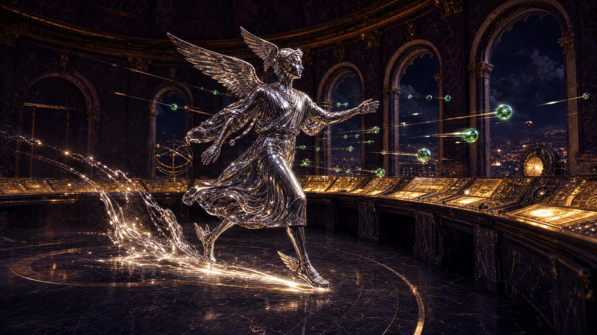 A winged quicksilver messenger figure, fully clothed in a flowing chiton robe, striding through a gold mission-control command chamber leaving a trail of liquid mercury light