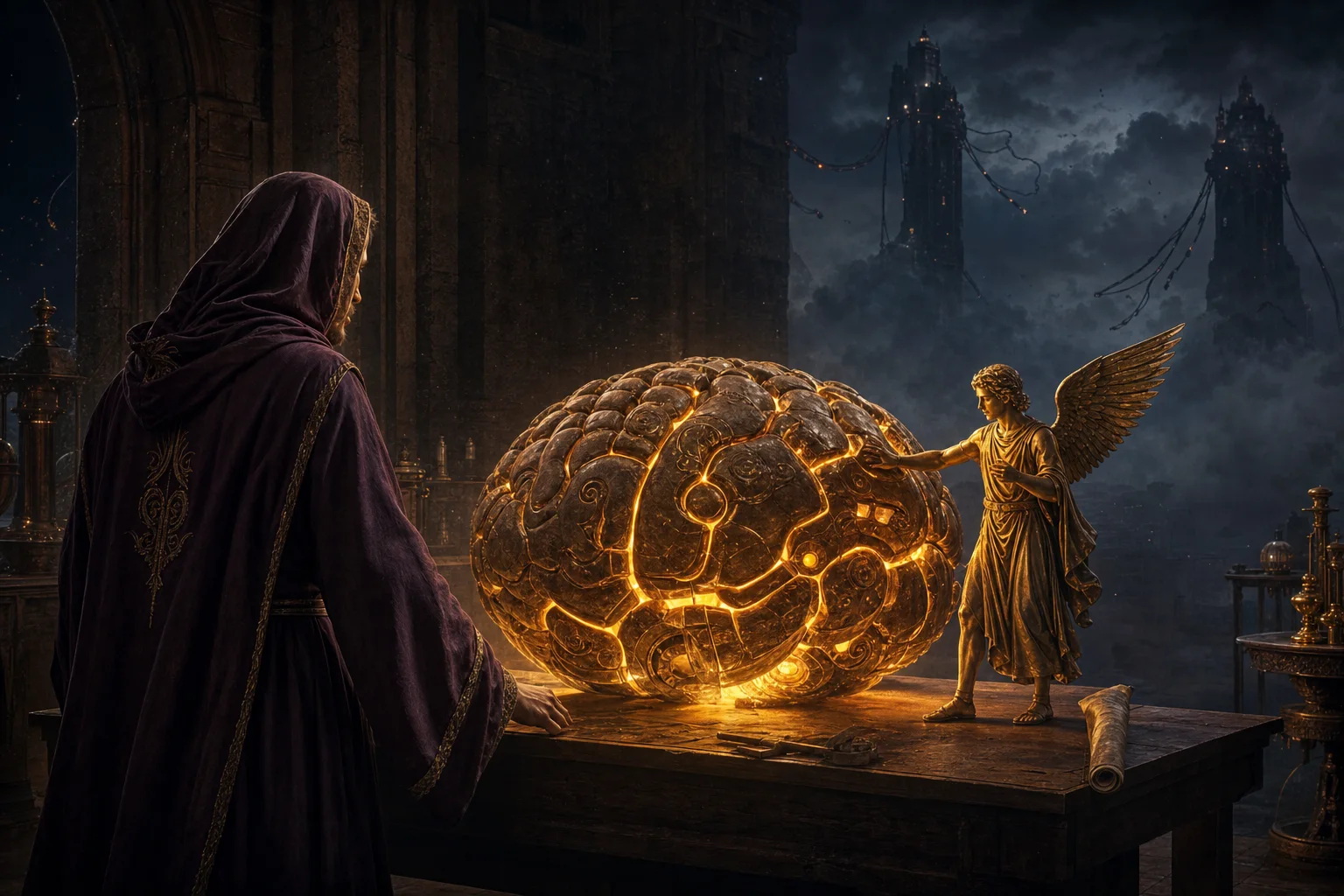 A robed engineer, fully clothed in a long hooded floor-length robe, stands at a wooden desk where a colossal glowing bronze brain-engine rests, cut free from the dying cloud towers behind him
