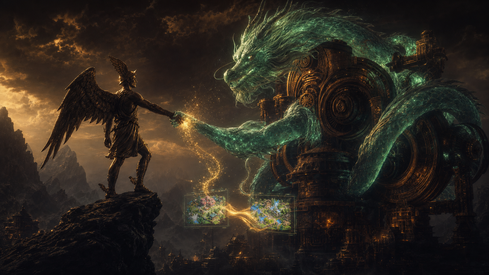 A winged bronze messenger clasping hands with a colossal glowing jade dragon coiled around an ancient machine, sparks spiralling into two floating screens