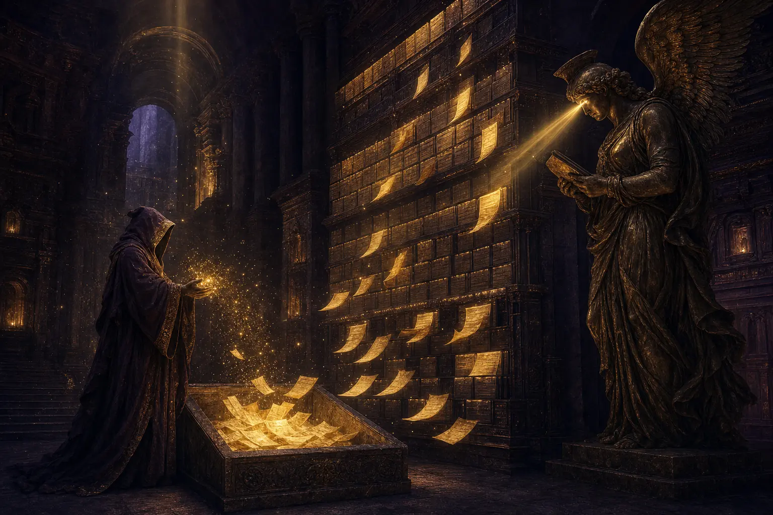 A robed scholar speaks glowing notes into a stone vault where they sort themselves into a lit wall of index cards read by a winged bronze messenger