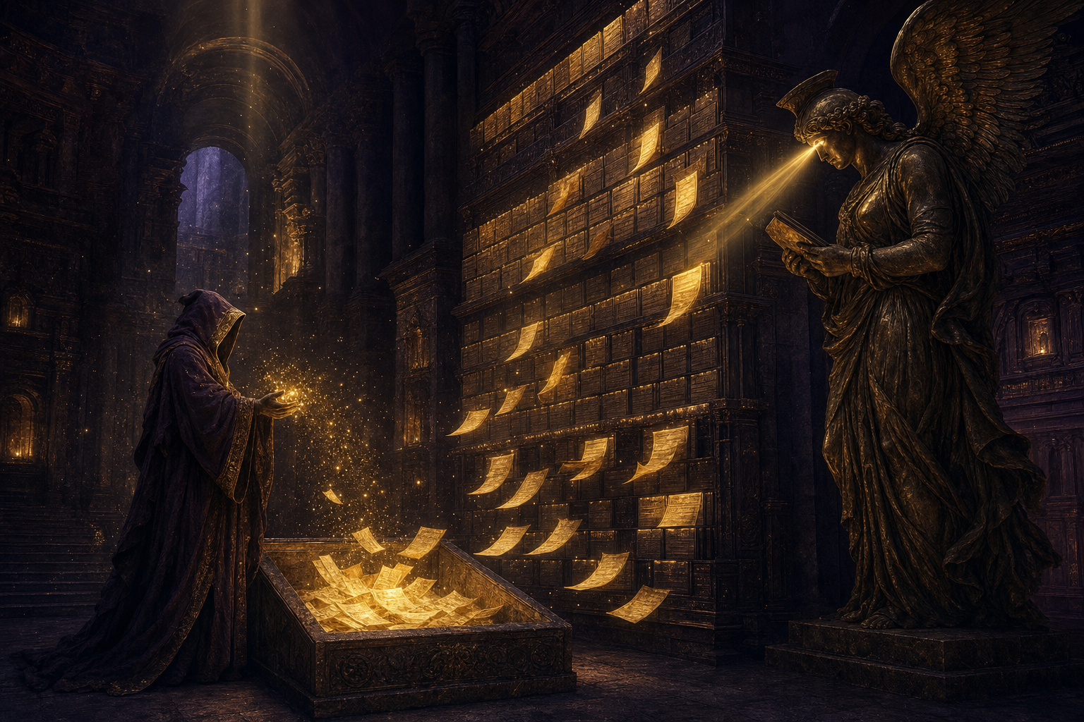 A robed scholar speaks glowing notes into a stone vault, where they sort themselves into a lit wall of index cards read by a winged bronze messenger