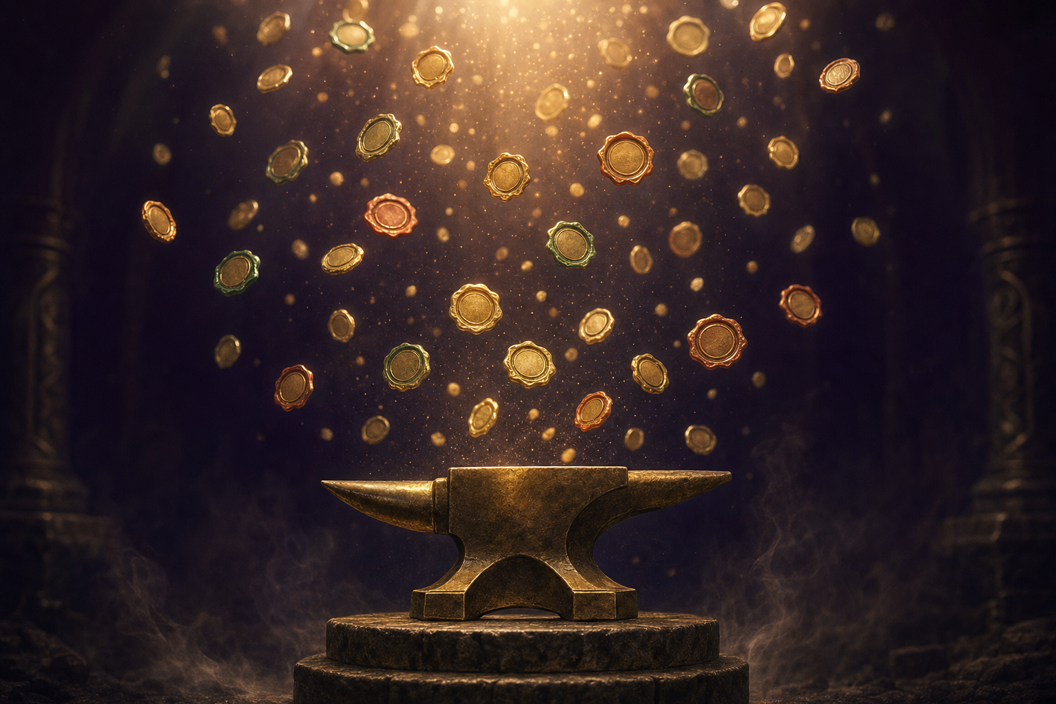 A field of glowing golden citation badges rising upward through midnight aubergine space — citations compounding across surfaces