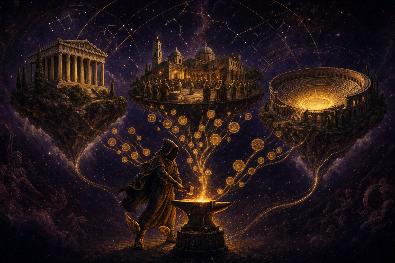 A celestial editorial illustration of three luminous platforms connected by golden filaments — Hermes feeding citations to Google, community discussion, and AI search at once