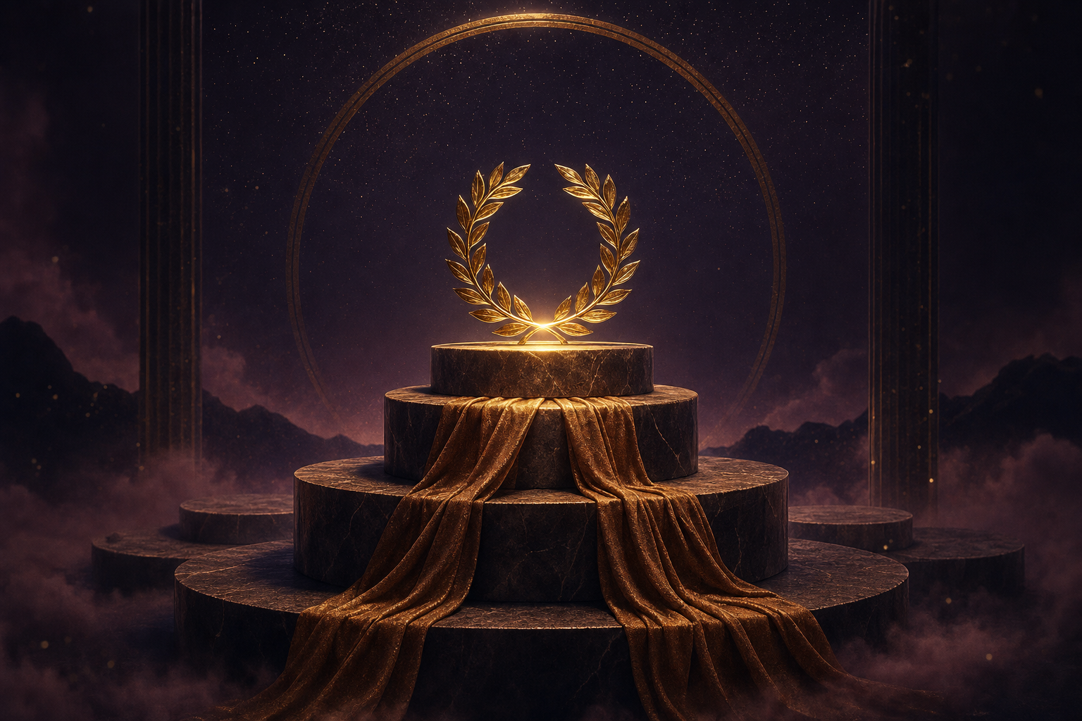 A marble podium with a brass laurel wreath catching warm gold light — earning the rank-1 position