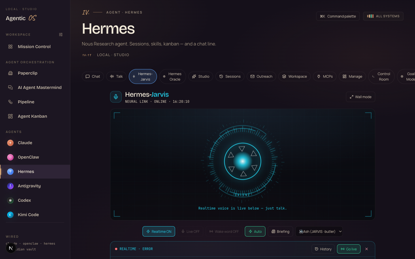Hermes Jarvis — a realtime voice assistant with a glowing concentric voice orb, live status