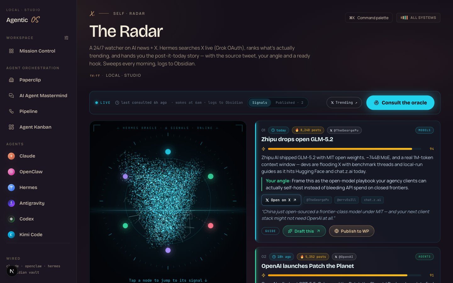 The Hermes Oracle — a 24/7 X firehose watcher with a glowing particle orb and ranked trending cards