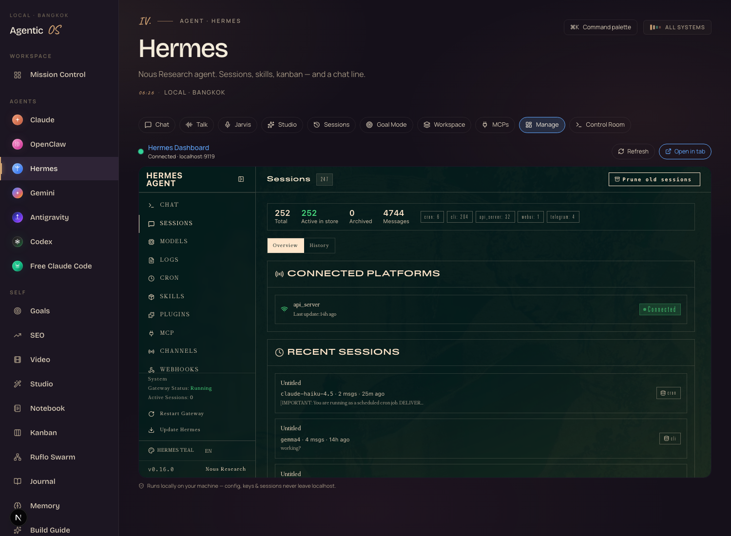 The Hermes dashboard embedded inside Agent OS — Manage tab — showing 252 sessions, 4,744 messages, connected platforms