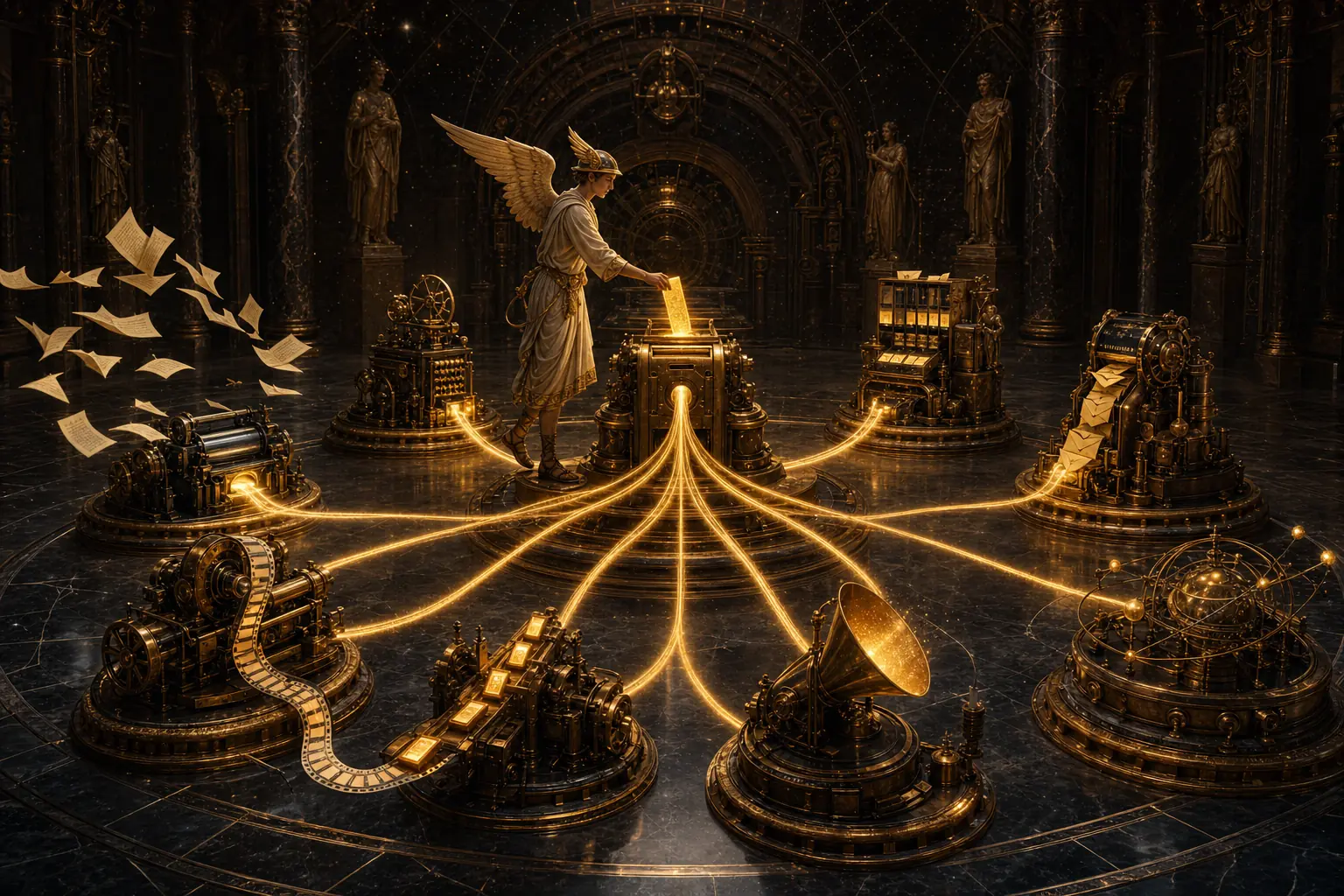 A winged messenger fully clothed in a long flowing chiton places one glowing scroll into a great brass machine while ten beams of light fork out to ten smaller machines that print pages, weave film and speak