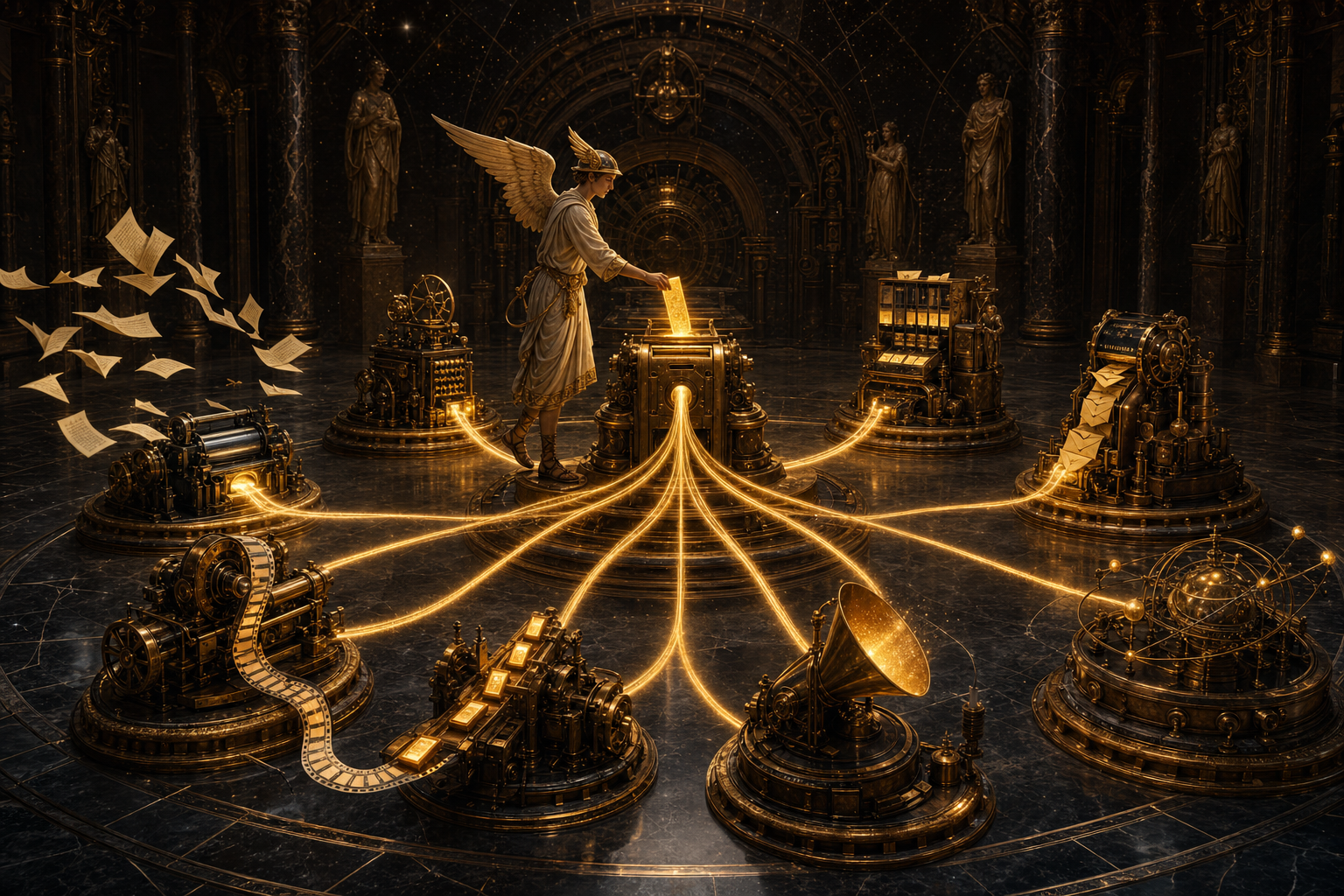 A winged messenger in a long flowing robe places one glowing scroll into a great brass machine, and ten beams of light fork out to ten smaller machines that print pages, weave film and speak.