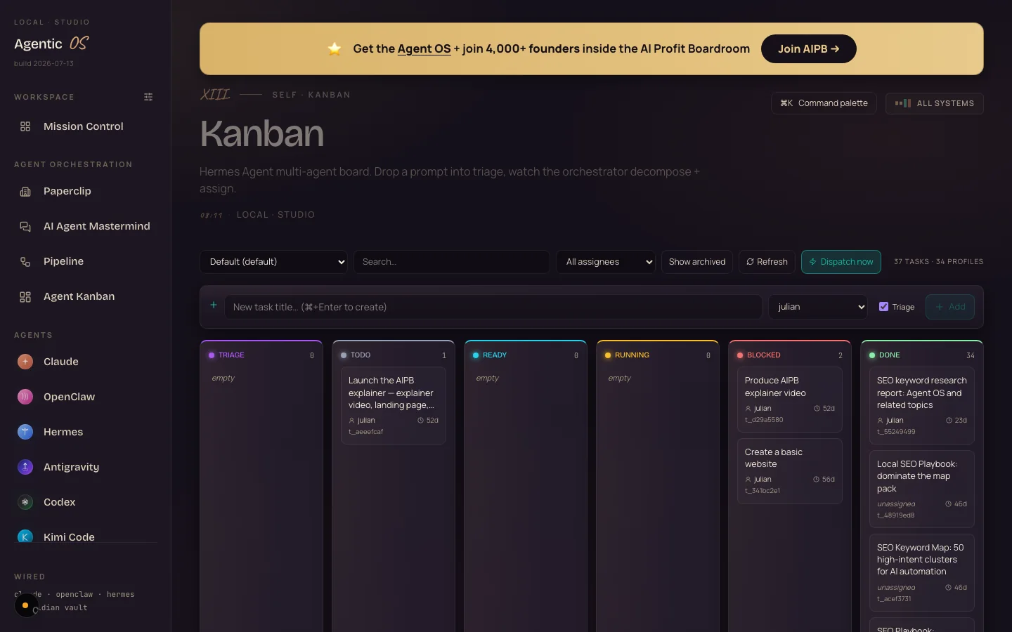 The Hermes multi-agent Kanban board with 37 tasks moving across Triage, Todo, Ready, Running, Blocked and Done columns